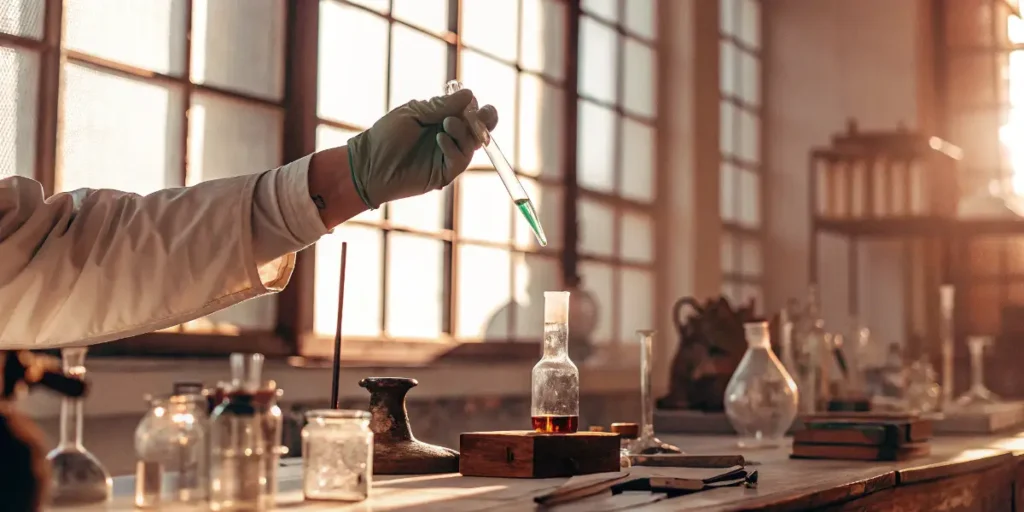 Scientist using pipette with cannabis extract solution in vintage laboratory setting.