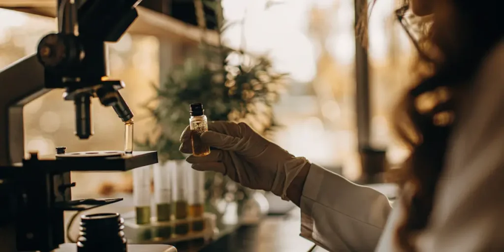 Scientist holding cannabis extract vial near microscope in laboratory setting.