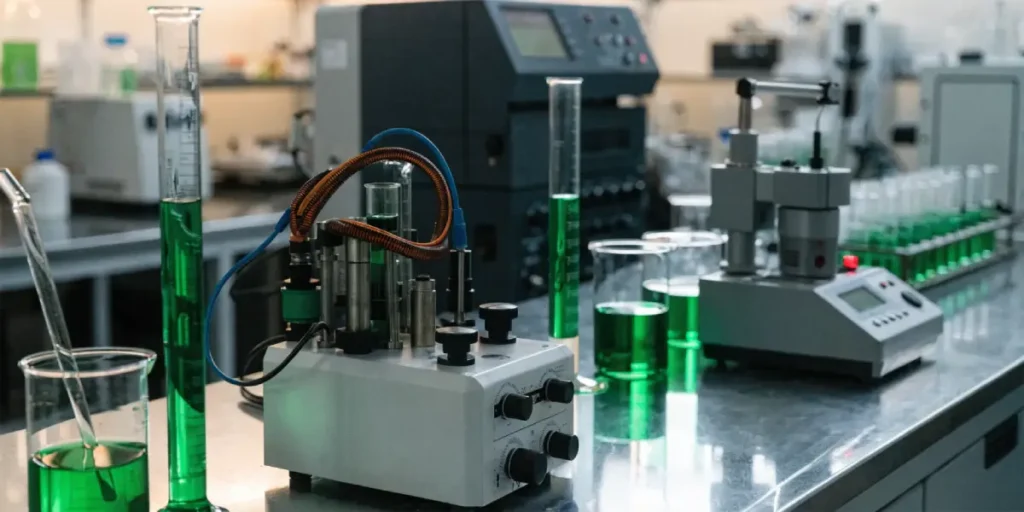 Cannabis extraction laboratory with scientific equipment and green liquid samples in glassware.