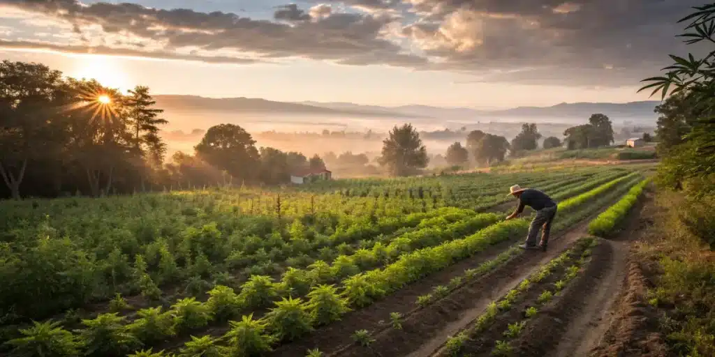 Farmer tending cannabis plants in large outdoor field at sunrise.