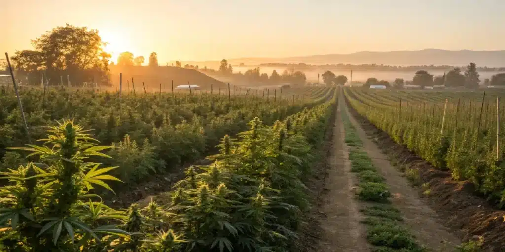 Outdoor cannabis farm with rows of plants at sunrise.
