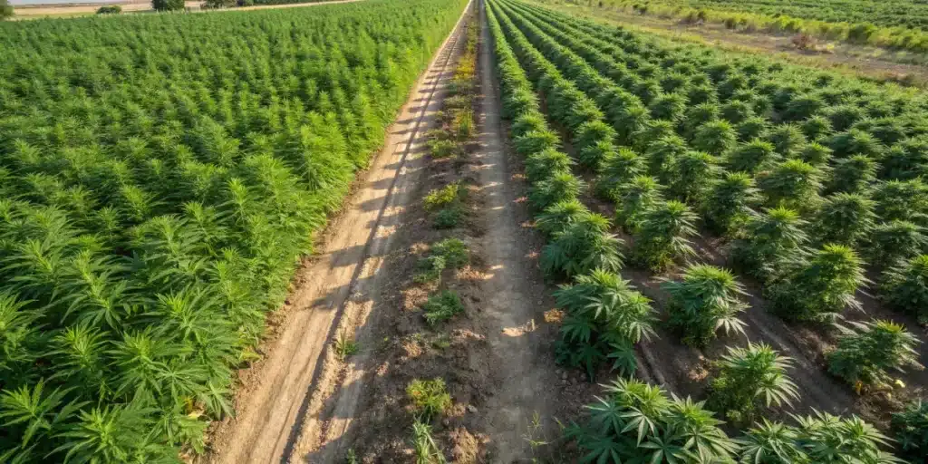Aerial view of cannabis field with organized rows and visible plant differences.