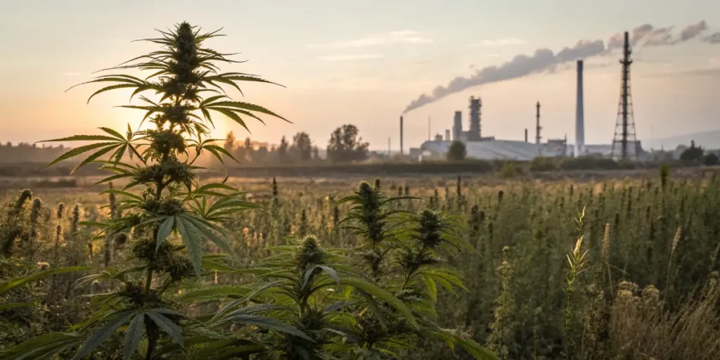 Cannabis plants growing in a field with industrial buildings and smokestacks in the background.