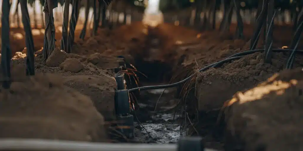 Irrigation pipes and water lines in soil beneath cannabis plants in a cultivation field.