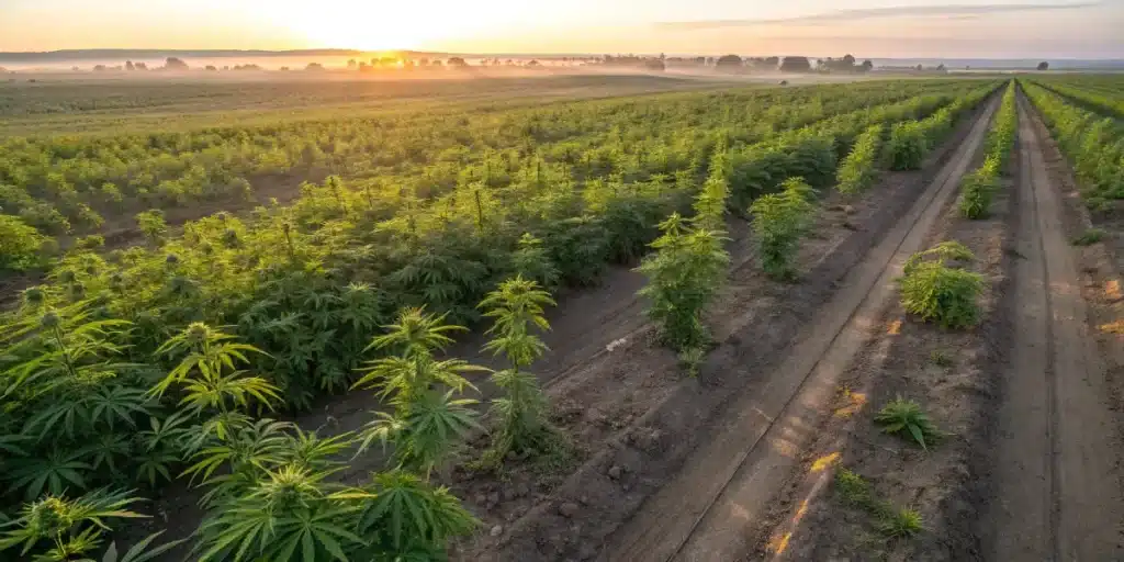 Cannabis field with organized rows and irrigation lines at sunrise.