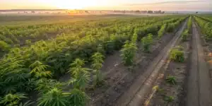 Cannabis field with organized rows and irrigation lines at sunrise.