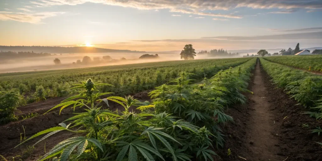 Large cannabis field at sunrise with rows of plants in outdoor cultivation.