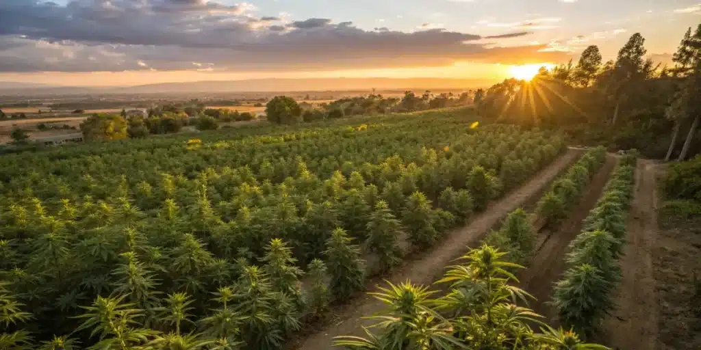 Aerial view of a cannabis field at sunset with rows of plants.