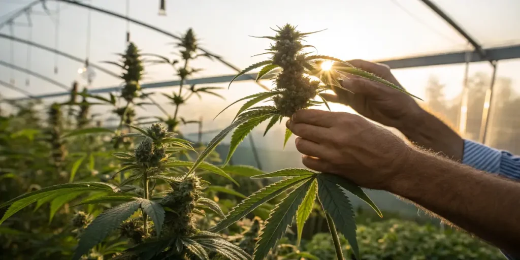 Hands checking cannabis buds in greenhouse under warm sunlight.