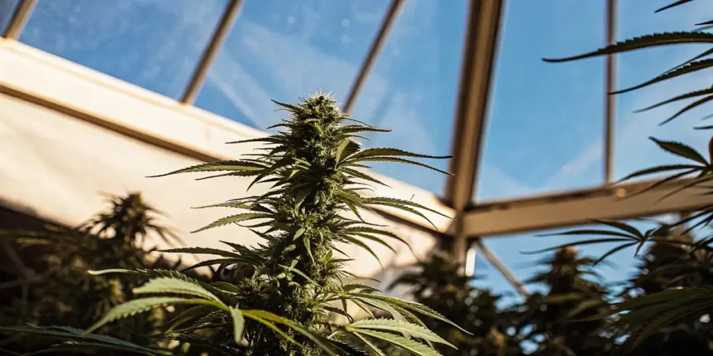 Flowering cannabis plant inside greenhouse under bright natural light.