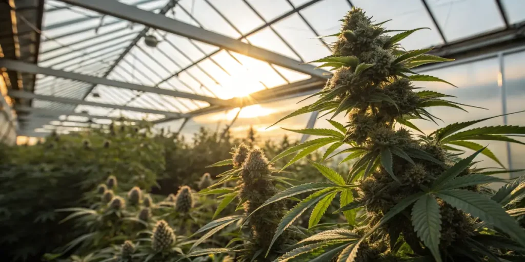 Cannabis plants flowering in a greenhouse with warm sunset light.