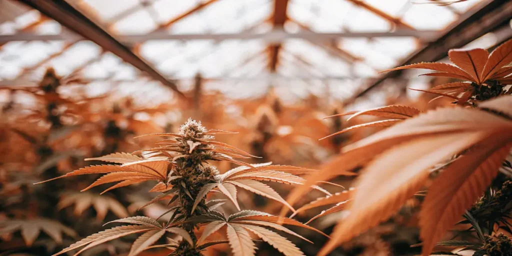 Cannabis plant in greenhouse under warm orange lighting during flowering stage.