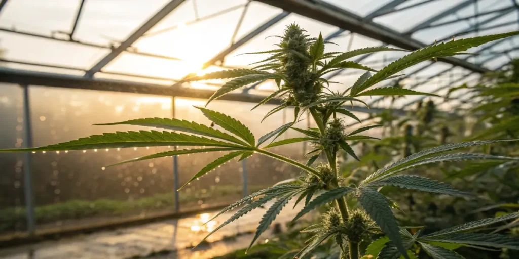 Cannabis plant flowering inside a greenhouse with sunlight shining through the structure.