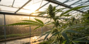 Cannabis plant flowering inside a greenhouse with sunlight shining through the structure.
