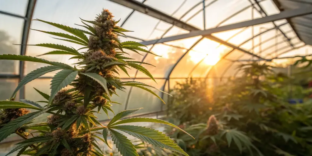 Cannabis plant with dense buds in greenhouse at sunset.