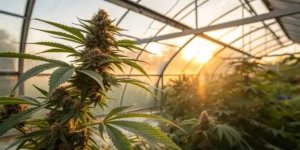 Cannabis plant with dense buds in greenhouse at sunset.