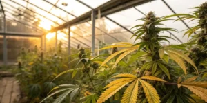 Cannabis plants with yellowing leaves growing in a greenhouse during flowering stage at sunset.
