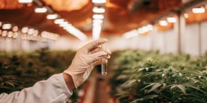 Gloved hand holding liquid sample in test tube inside indoor cannabis grow room.
