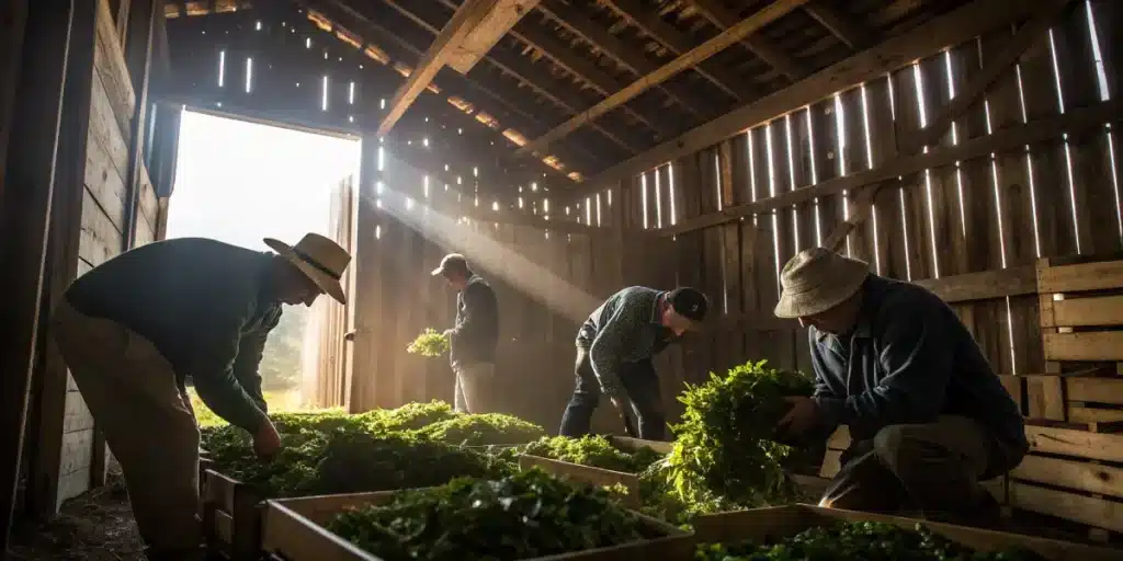 Workers sorting freshly harvested cannabis inside a rustic barn.