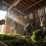 Workers sorting freshly harvested cannabis inside a rustic barn.