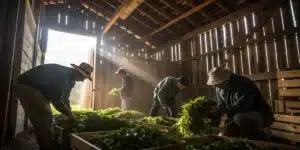 Workers sorting freshly harvested cannabis inside a rustic barn.