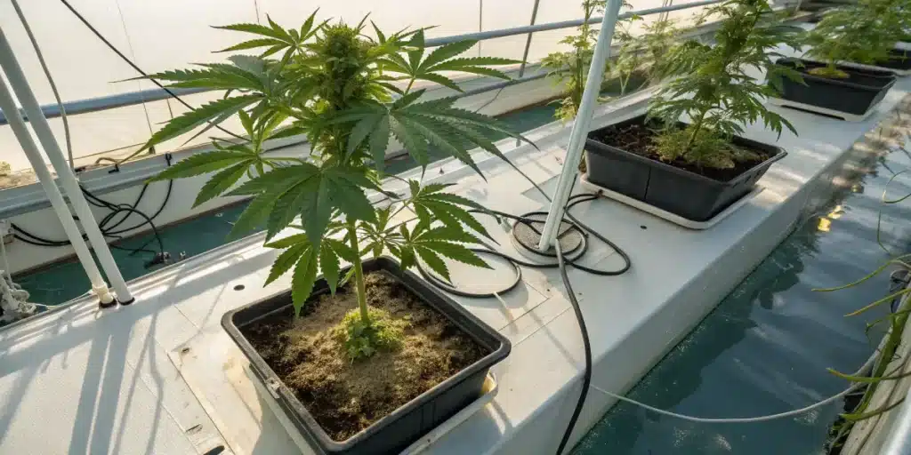 Cannabis plants growing in pots within hydroponic greenhouse system.