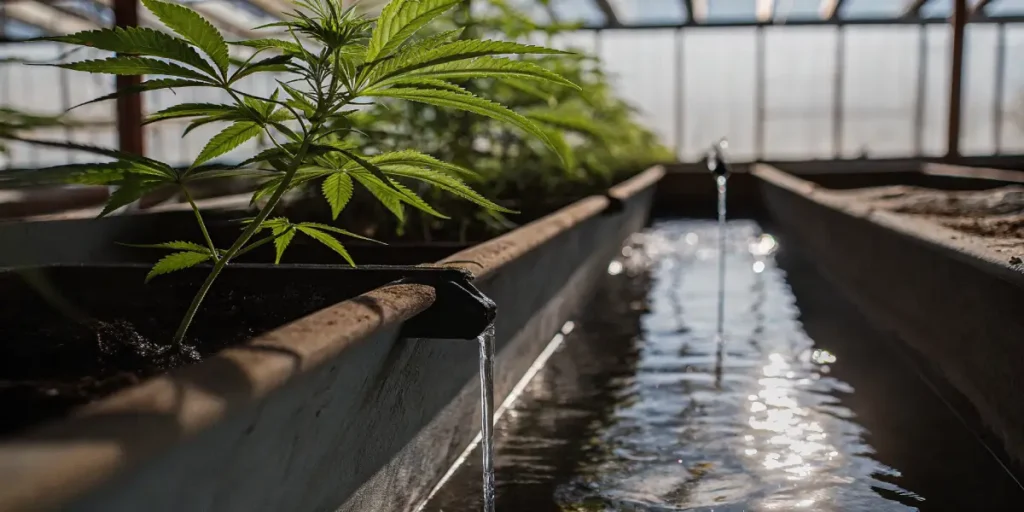 Cannabis plants growing in hydroponic system with water flowing through channels in greenhouse.