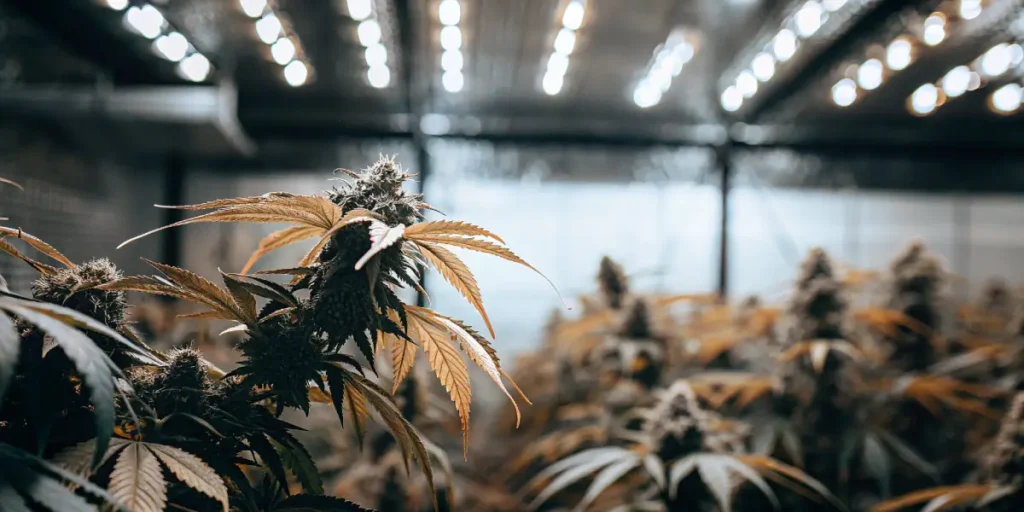 Cannabis plant with yellowing leaves growing indoors under LED lights.