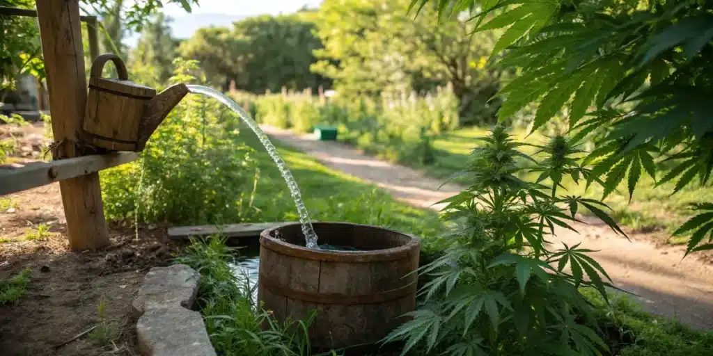 Water flowing into wooden basin near cannabis plants in outdoor garden.