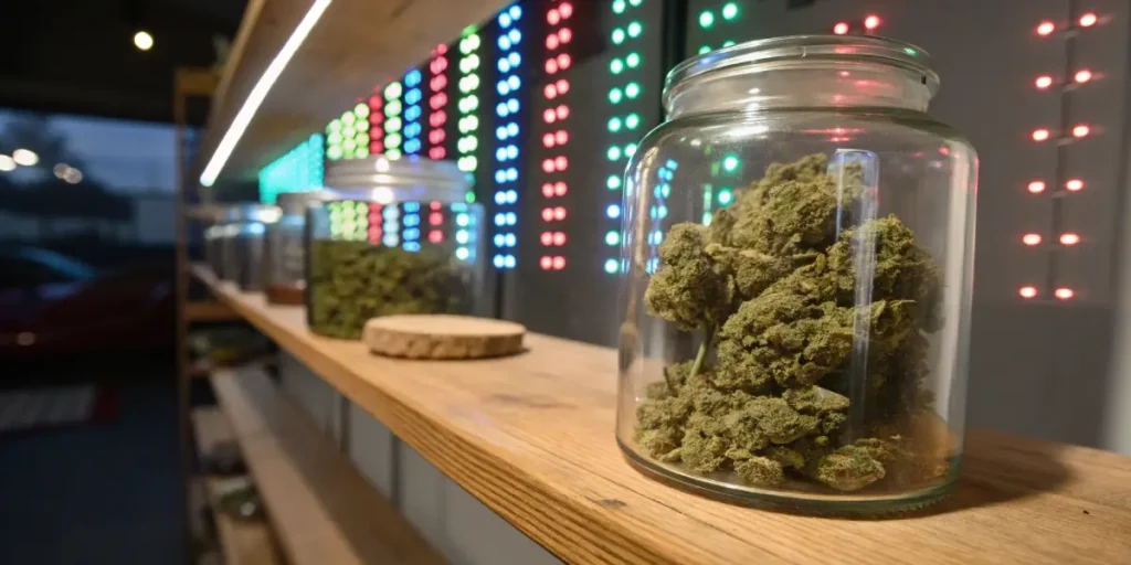 Glass jar filled with cannabis buds on a shelf with colorful LED lights in the background.