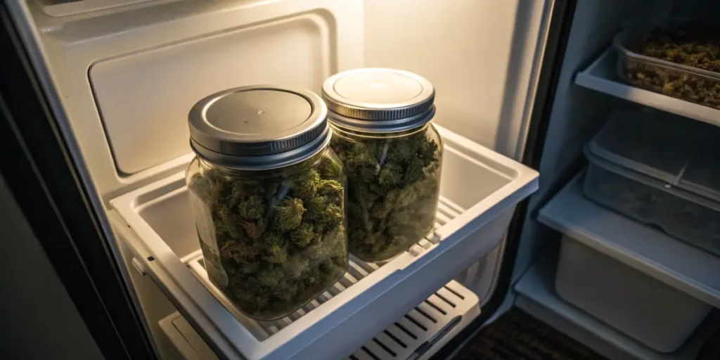 Two sealed jars of cannabis buds stored on a refrigerator shelf.