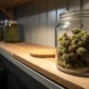 Glass jar filled with cannabis buds on a wooden shelf for storage and curing.