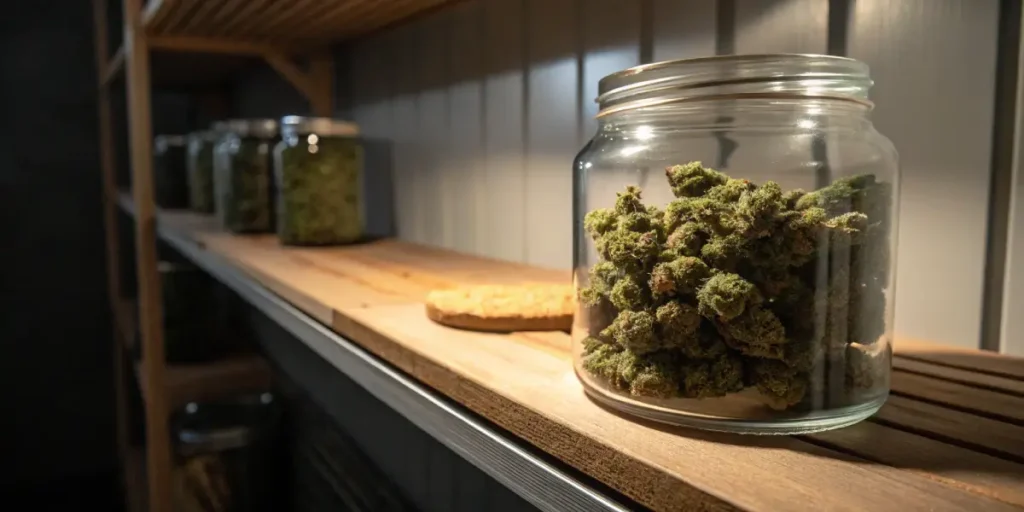 Glass jar filled with cannabis buds on a wooden shelf for storage and curing.