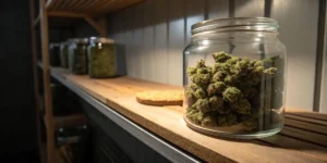Glass jar filled with cannabis buds on a wooden shelf for storage and curing.