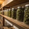 Glass jars filled with cannabis buds stored on wooden shelves in a curing room.