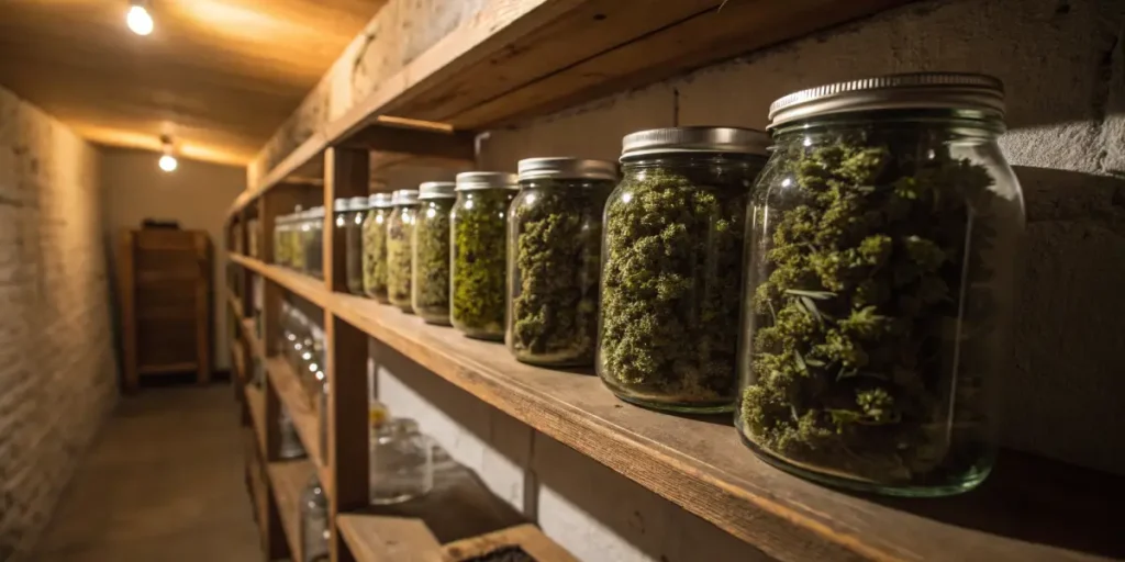 Glass jars filled with cannabis buds stored on wooden shelves in a curing room.