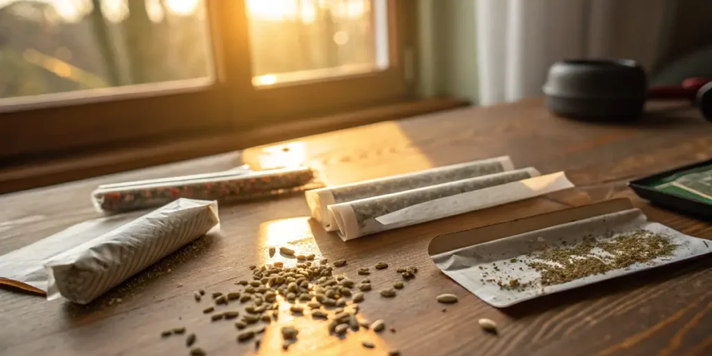 Multiple cannabis joints and rolling papers are displayed alongside scattered seeds on a wooden table. The warm lighting emphasizes the manual rolling process and the raw cannabis components used before consumption.