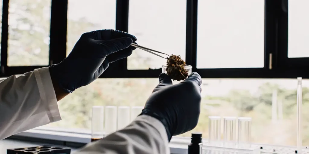 Scientist wearing gloves analyzing a cannabis sample with tweezers in a laboratory.