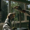 Scientist using glass apparatus to measure cannabis extract in laboratory setting.
