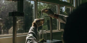 Scientist using glass apparatus to measure cannabis extract in laboratory setting.