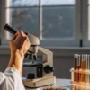 Scientist using microscope and analyzing cannabis extracts with test tubes in laboratory.