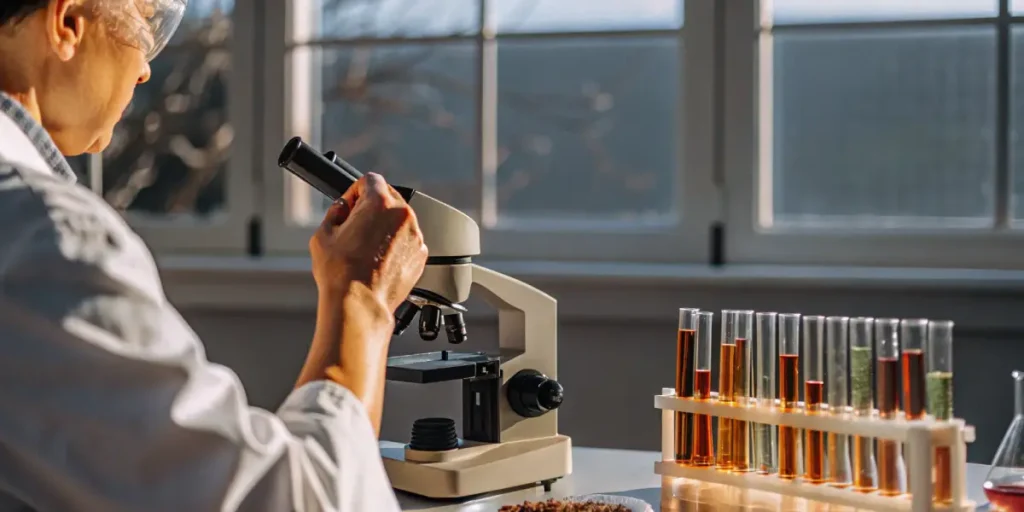 Scientist using microscope and analyzing cannabis extracts with test tubes in laboratory.