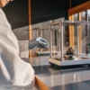 Scientist weighing cannabis sample on a precision scale in a laboratory setting.