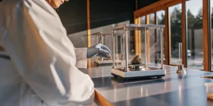 Scientist weighing cannabis sample on a precision scale in a laboratory setting.