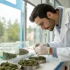 Scientist analyzing cannabis buds in a laboratory with jars and samples on the table.