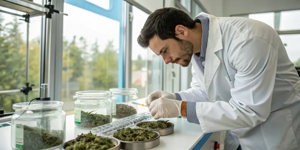Scientist analyzing cannabis buds in a laboratory with jars and samples on the table.