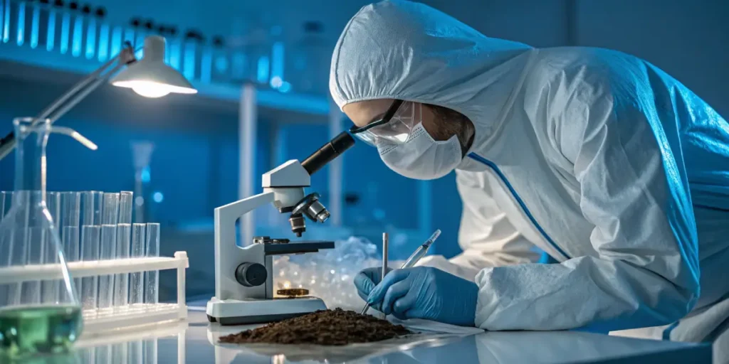 Scientist analyzing soil sample with microscope in cannabis laboratory.