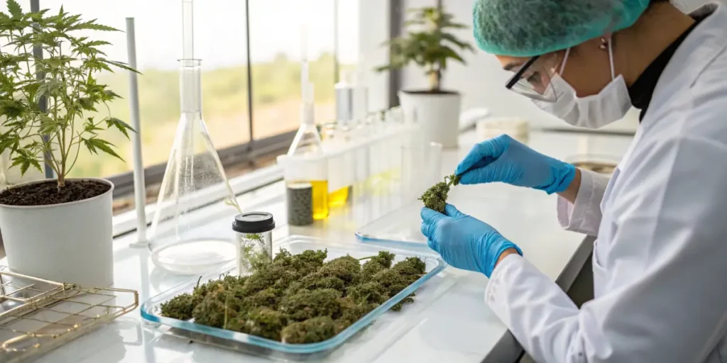 Lab technician analyzing cannabis buds with scientific equipment in a laboratory.