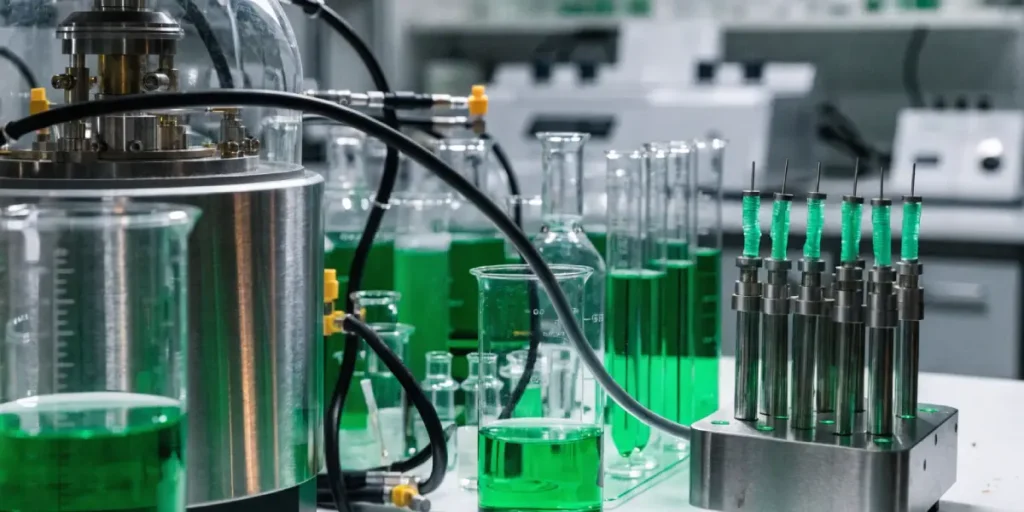 Laboratory testing cannabis samples with syringes and green liquid in test tubes and beakers.