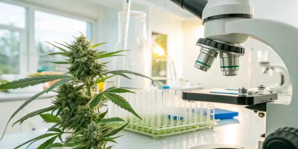 Cannabis plant in laboratory with microscope and test tubes for analysis.